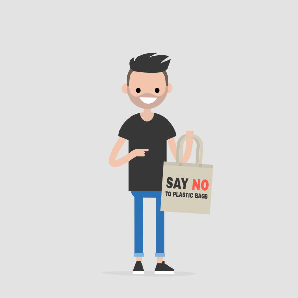 年轻的人物拿着一个帆布手提包。生态友好的行为。环保袋。购物者。平面可编辑矢量插图，剪辑艺术图片下载