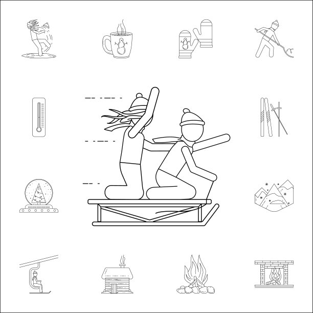 一对夫妇坐在雪橇上。冬季图标普遍设置为网络和移动图片下载