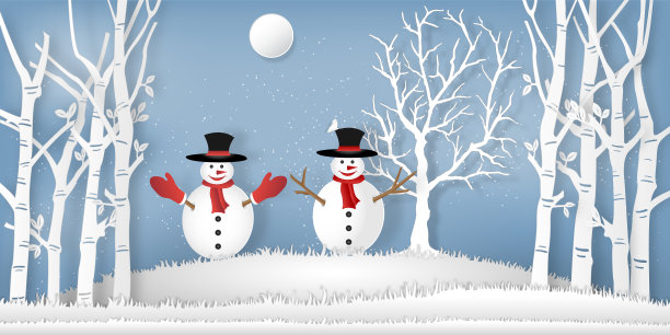 雪人在冬季与树木、森林和蓝天上的雪景作为纸艺术和数码工艺的风格概念。矢量图图片下载