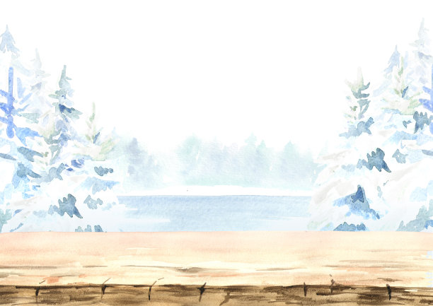 冬季森林背景与空表。水彩手绘插图图片下载