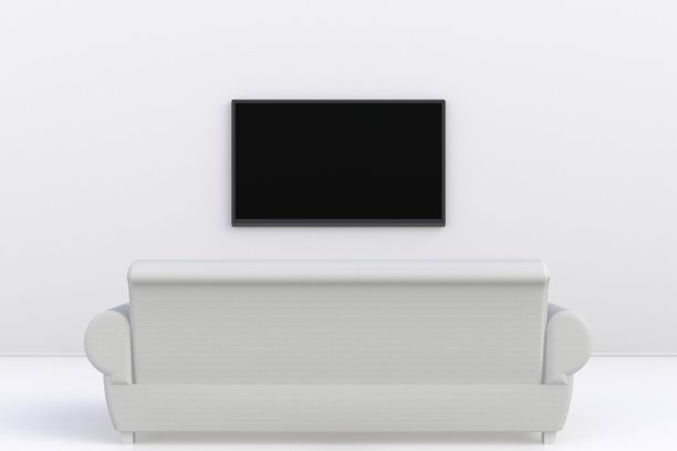 空房间内设有电视和沙发，客厅白色墙壁上led电视现代风格，3d渲染图片下载