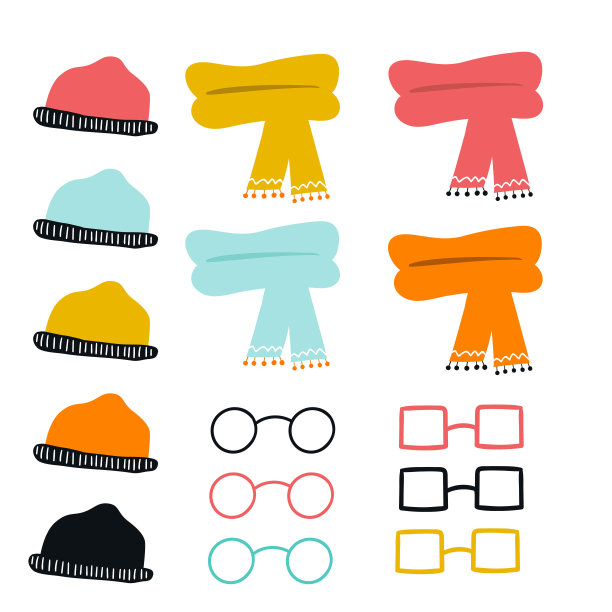 一套可爱的颜色手绘眼镜，帽子和围巾。卡通服装的收藏。矢量图图片下载