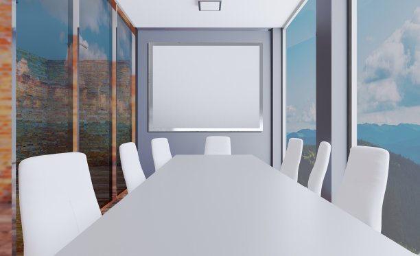 红色砖墙的现代会议室的内部。在群山的背景中有大窗户的建筑物。3 d渲染。空白的画。模型。图片下载