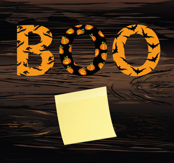 万圣节消息发出嘘声。矢量木背景。聚会请柬或贺卡上的文字。女巫帽图案和蝙蝠。黄色的便条纸。贴纸。图片下载