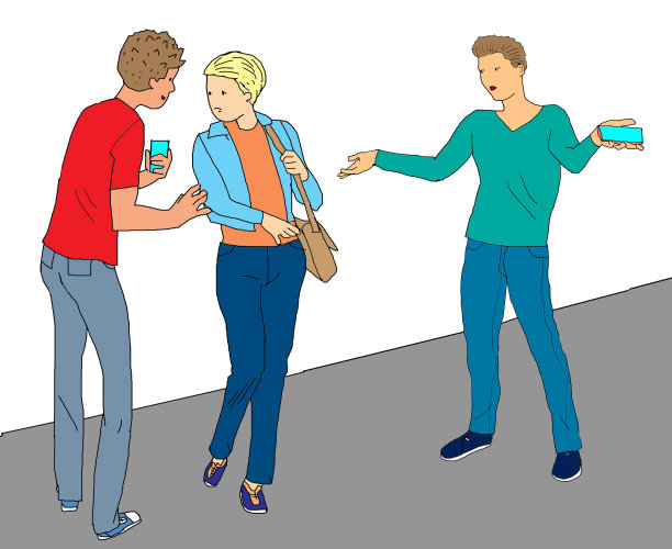 街上两个年轻人和一个年轻女子之间的情况图片下载