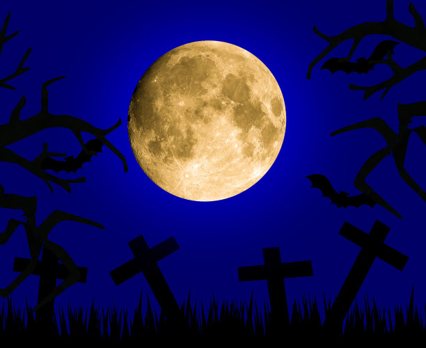 万圣节卡片上有满月、十字架、树枝和蝙蝠图片下载