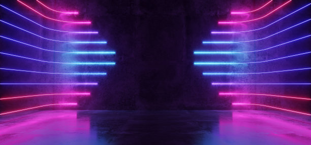未来科幻现代空舞台反射混凝土房间紫色和蓝色发光氖管形状的空白墙纸背景3D渲染图片下载