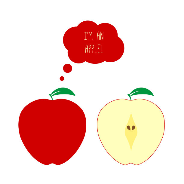 矢量红苹果整个和半切。思考或思考泡沫。平风格说明图片下载