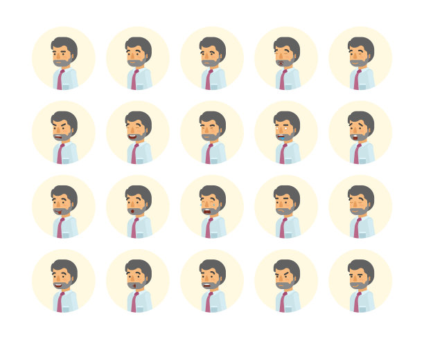 矢量年轻成年男子头像和表情设置在平面风格，正面视图。素材图片
