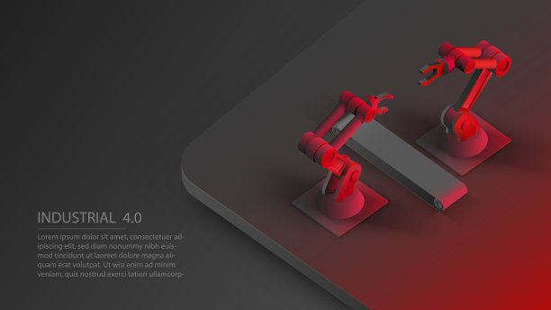 等距自动机器人手臂和传送带。智能自动化机械臂。现代物流中心以黑红色为主色调。矢量3d等距插图黑色背景。素材图片