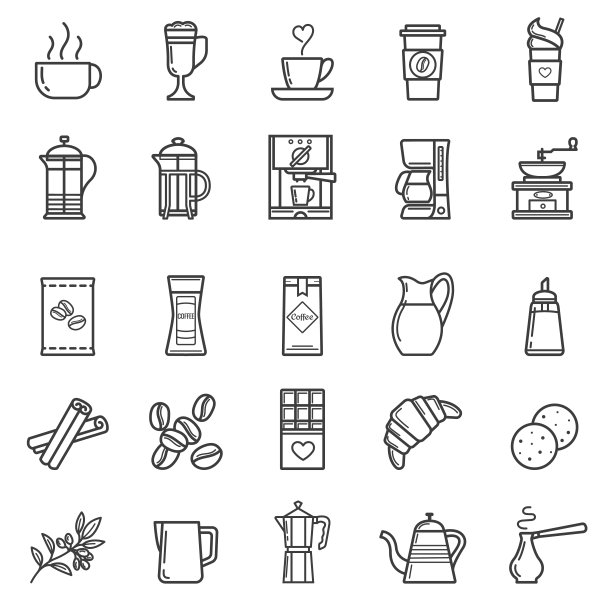 一套向量咖啡元素和咖啡配件。咖啡轮廓图标集。图片下载