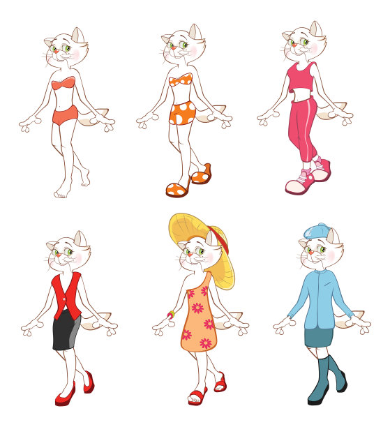 一套可爱的猫在时尚插图卡通人物图片下载