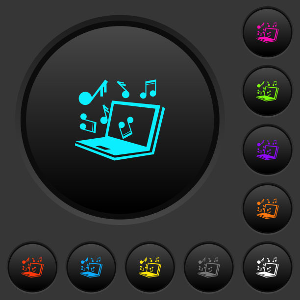 带有音乐符号的笔记本电脑，黑色按钮和彩色图标图片下载