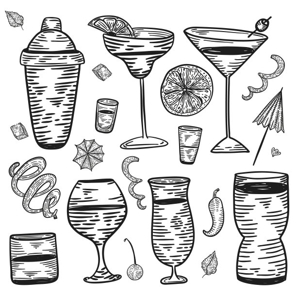 鸡尾酒菜单饮料莫吉托，玛格丽塔，蓝色礁湖，长岛在涂鸦雕刻风格为您设计图片下载