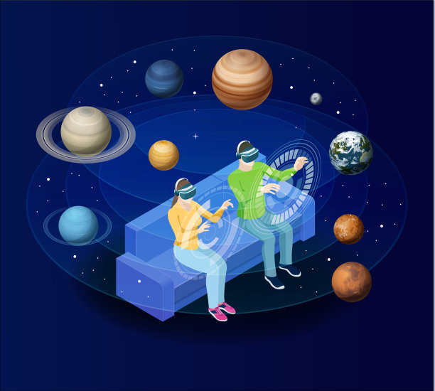 戴着虚拟现实眼镜的等距人看着太阳系的行星。太阳、水星、金星、行星地球、火星、木星、土星、天王星、海王星。科教载体背景。图片下载