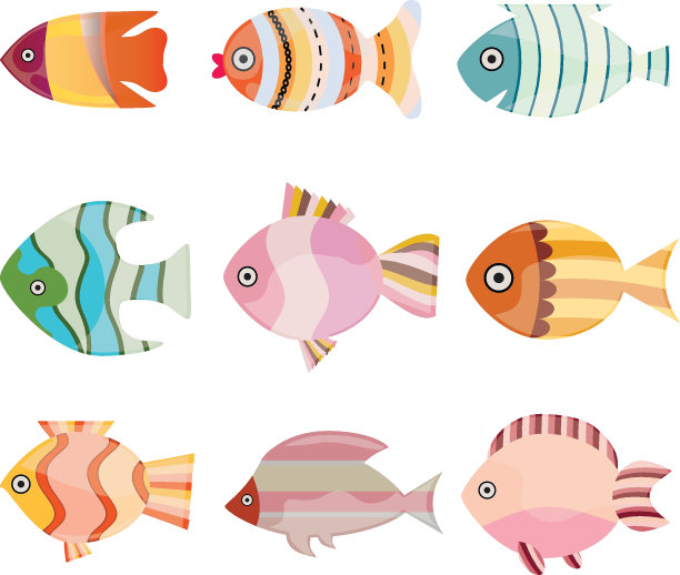 彩色的鱼设置矢量插图。海洋或海洋鱼类采集孤立在白色背景。素材图片