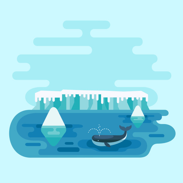 在冰山之间的海面上游动的鲸鱼。图片下载