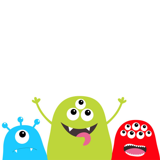 三个怪物剪影集。头的脸。可爱的卡通人物。宝贝收藏。眼睛,舌头,角。万圣节快乐。白色背景。孤立。平面设计。图片下载