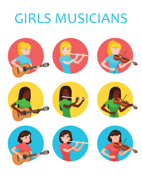 音乐家女孩受到启发去演奏不同的乐器。小提琴家,笛手、吉他手。矢量插图在平面卡通风格在白色背景上为您的设计，打印。音乐。图片下载