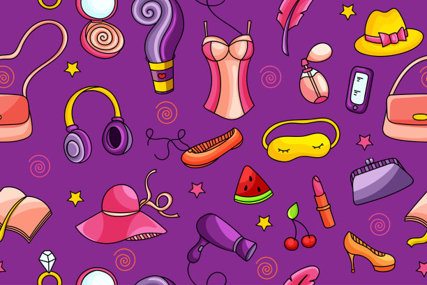 无缝模式与女性时尚对象涂鸦风格。图片下载