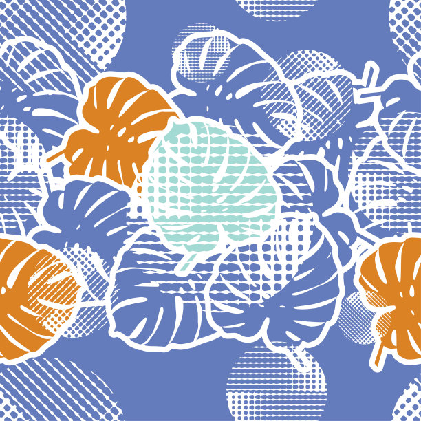 无缝背景装饰树叶。热带棕榈叶。热带丛林。点。可用于墙纸、纺织品、请柬、包装、网页背景。图片下载