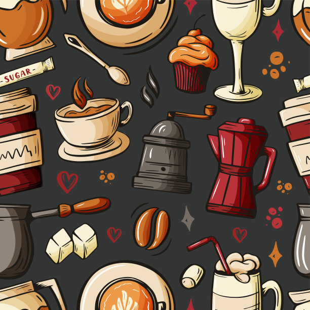 以咖啡厅卡通手绘涂鸦为主题，咖啡店主题无缝图案。色彩丰富细节丰富，有很多物体矢量背景。为你的设计草图元素图片下载