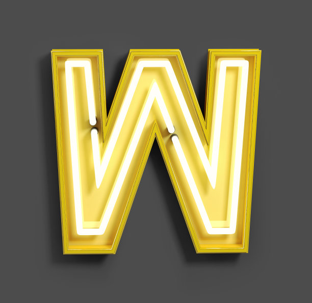 明亮的霓虹灯字体与荧光黄色管。字母W。图片下载