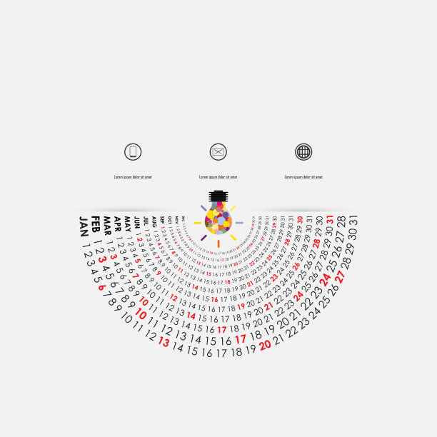 2019年日历模板与创意灯泡图标。半圆日历。日历2019套12个月。年历矢量设计文具模板。新年快乐2019背景。矢量插图。图片下载