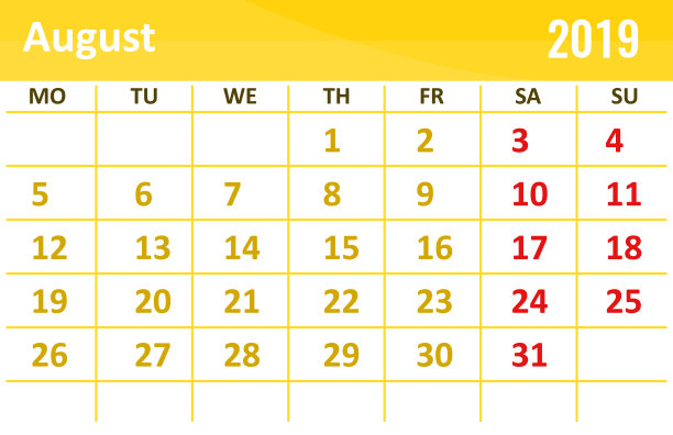 2019年8月日历图片下载