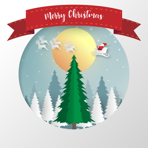 圣诞快乐新年快乐背景，圣诞老人、雪人和圣诞树的纸艺风格矢量素材图片下载