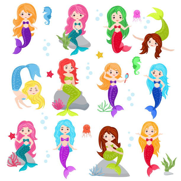 美人鱼卡通矢量，海洋公主与海动物插画素材图片