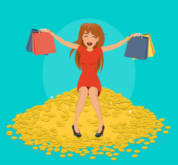 年轻富有幸福的女人正坐在一堆钱的平面设计上图片下载