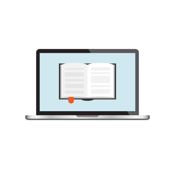 电子教育图标在平坦的风格。研究矢量插图在白色孤立的背景。笔记本电脑在线培训业务理念。素材图片