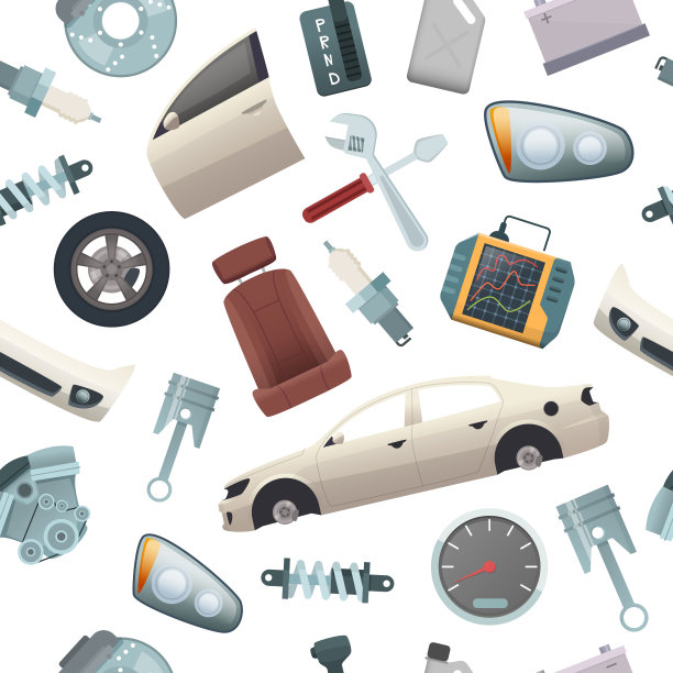 汽车工具模式。机械细节汽车隔离零件发动机车轮传动车门车身矢量卡通无缝图片图片下载