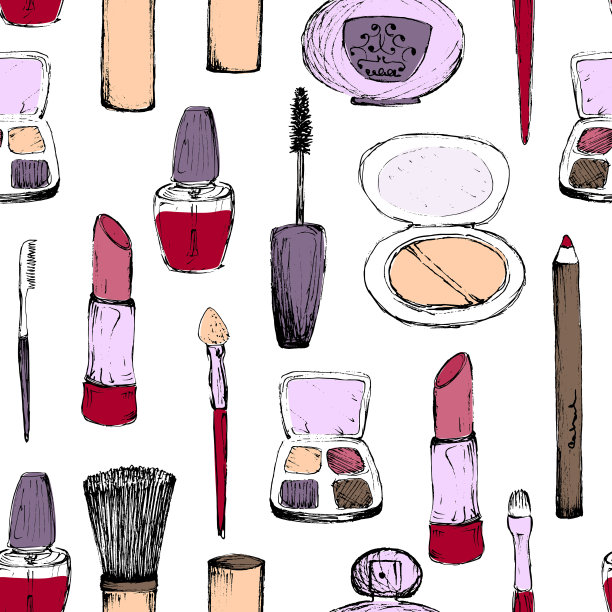 化妆-彩色无缝图案与手绘配件图片下载