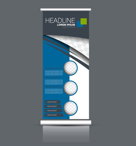 卷起垂直旗帜站模板。抽象背景概念用于商业、教育、演示、广告。可编辑的矢量图。蓝色的颜色。图片下载