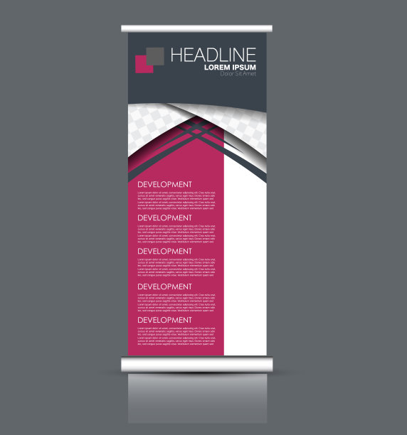卷起垂直旗帜站模板。抽象背景概念用于商业、教育、演示、广告。可编辑的矢量图。粉红色的颜色。图片下载