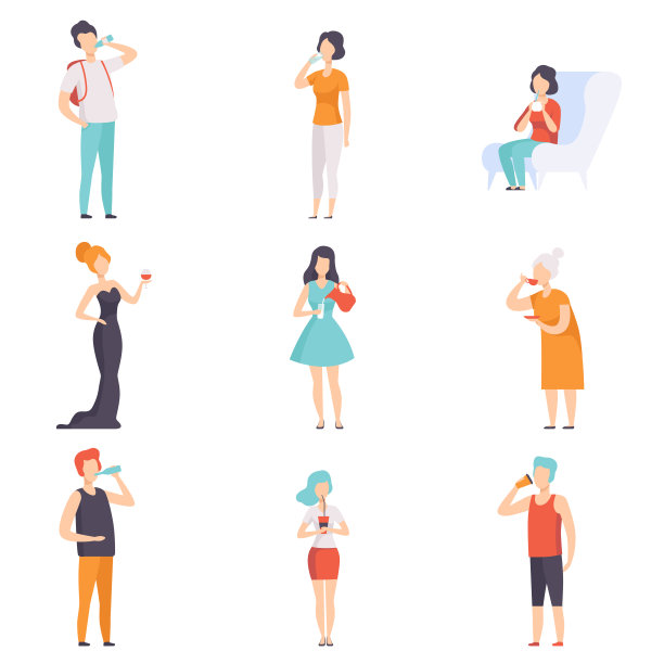 人们饮用饮料集，男女饮用茶，咖啡，水，酒，牛奶矢量插图上的白色背景图片下载