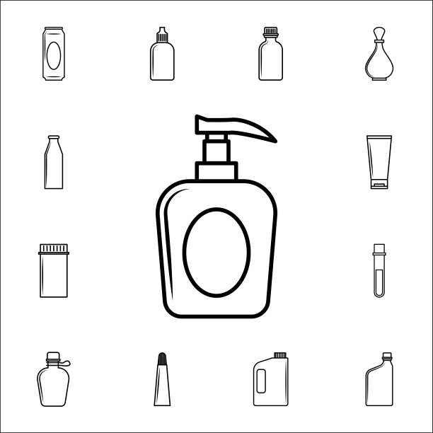 一瓶肥皂液的图标。瓶子图标通用设置为网络和移动图片下载