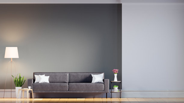 客厅室内设计，灰色墙壁和木地板- 3d渲染图片下载