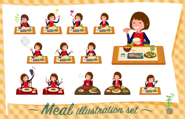 扁平型商店职员红色制服妇女餐素材图片