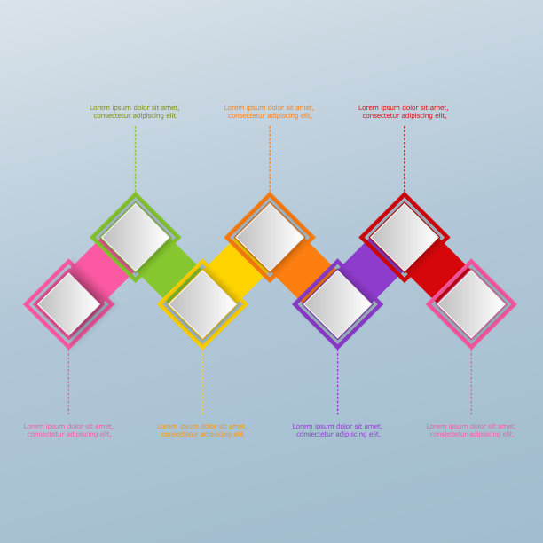 七个锯齿形的白纸方块元素。实现目标的连续步骤的概念。超级干净的信息图设计模板。矢量插图表示。图片下载