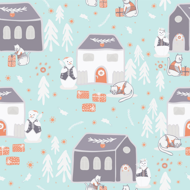 圣诞猫村节日无缝矢量图案，绘制的礼物盒图片下载