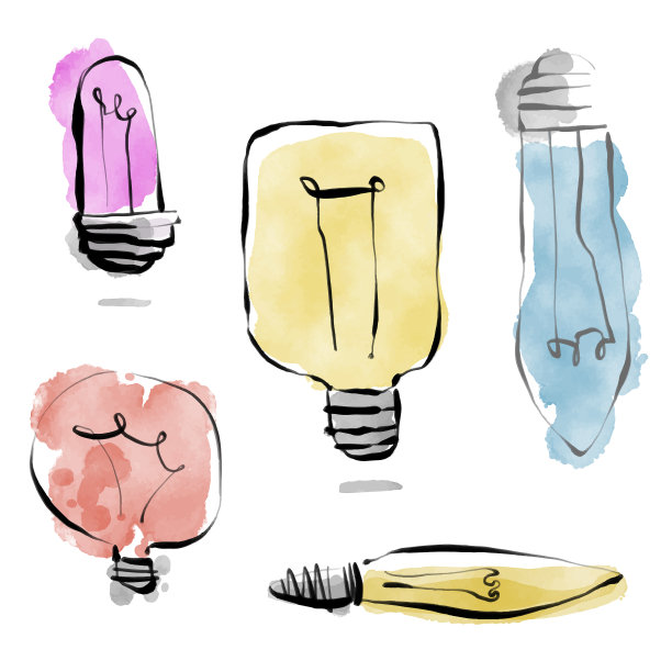 灯泡、铅笔画和水彩画图片下载