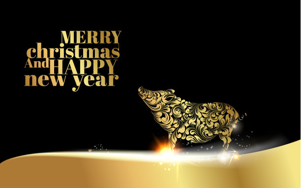 金色圣诞贺卡上的猪剪影。图片下载