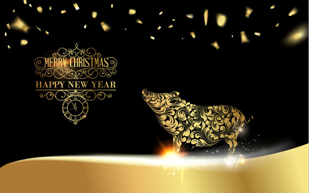 金色圣诞贺卡上的猪剪影。图片下载