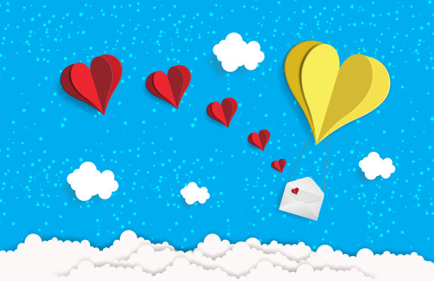 爱情与情人节的插画，折纸制作的黄色心形气球附着在信封上，在天空中飞翔，红色的心形漂浮在天空中。纸张艺术和数字工艺风格。图片下载