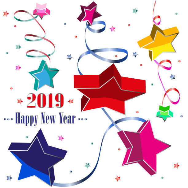 新年的象征-蛇纹，五彩纸屑，星星在白色的背景。短信- 2019年新年快乐。矢量插图。图片下载