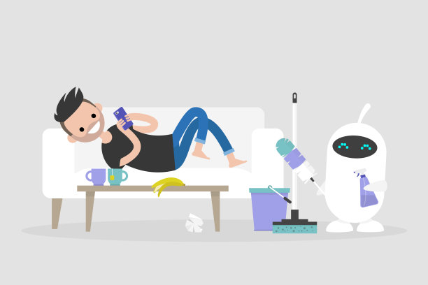 新技术。智能家居。打扫公寓。可爱的白色机器人拿着清洁工具:一个鸡毛掸子和清洁喷雾/平面可编辑矢量插图，剪辑艺术图片下载