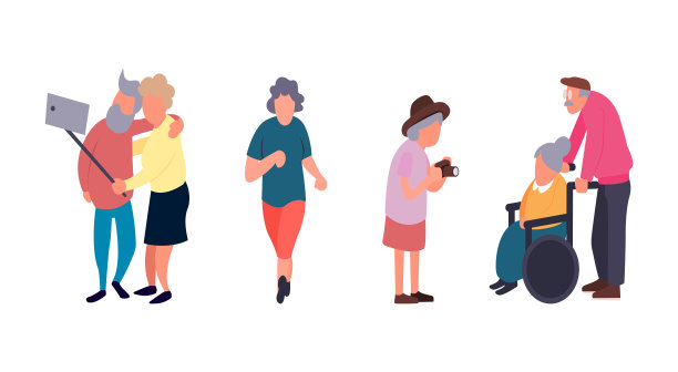 年长休闲娱乐活动理念。一群活跃的老人。老年人向量背景。卡通老年女性矢量人物图片下载